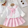 Niñas Pequeñas 0-3 Años Primavera y Otoño Estilo Universitario Camisa de Manga Larga + Chal + Falda a Rayas