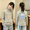 Camiseta Térmica de Manga Larga Base Casual para Niña Otoño/Invierno Nuevo Estilo Cuello Semi Alto Parte Superior Cepillada Ropa Interior Rayada para Bebé