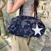 Bolsa de ombro em jeans com estampa de estrelas estilo americano vintage para mulheres, bolsa tote de grande capacidade de nicho estilo coreano, bolsa de mão moderna para o trabalho e passeios