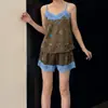 Conjunto de Pijama Jacquard de Alta Qualidade Melard com Estampa de Leopardo, Camisola com Bojo e Shorts, Roupa de Dormir Respirável e Confortável para Mulheres