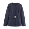 Traje de Chaqueta con Cinturón Delgado de Color Sólido Simple y Cuello Redondo para Mujer de Otoño e Invierno + Pantalones de Campana de Color Sólido de Cintura Media Transfronterizo Europeo y Americano