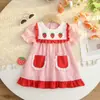 Ropa de Verano para Bebé Niña Vestido de Encaje Bordado de Fresas con Mangas Cortas Abullonadas Vestido de Princesa Rayado Rosa y Blanco Dulce en Stock