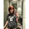 Camiseta de Manga Corta Rayada Negra y Gris Estilo High Street Americano para Mujer, Verano Holgada de Peso Pesado Tendencia Marca Versátil para Pareja Top de Media Manga