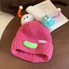 Gorro de Lana Tejido Divertido para Estudiante Niña Invierno Femenino Lindo Niños Familia Estilo Japonés Gorro Bola de Pelo Cálido Protección para Orejas