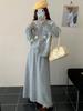Traje de Tricô Autonal Chique Coreano Jaqueta Suéter Bordada em Flor Estereoscópica para Mulheres + Saia de Tricô de Cintura Alta