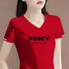 Camiseta de Manga Corta con Cuello en V para Mujer de Comercio Exterior con Descuento, Estilo Coreano, Moderna, Corte Holgado, Adelgazante, Casual, Top de Moda