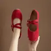 [En Stock] Zapatos Mary Jane Vintage Rojos para Mujer con Punta Puntiaguda y Tira Cruzada Hechos de Piel de Ante de Vaca de Primera Capa