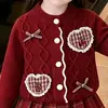 Nuevo Conjunto de Suéter para Niña Cardigan de Punto para Bebé Lazo de Cereza Falda Plisada a Cuadros Conjunto de Dos Piezas