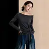 Camisa a rayas de manga larga con cuello asimétrico y huecos para mujer, top corto irregular de talla grande para otoño, blusa súper popular