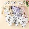 Macacão de bebê europeu e americano de letras com manga comprida e formato triangular, calça com laço, top para primavera e outono, calça de borboleta e elefante