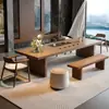 Conjunto de Mesa e Cadeiras de Chá, Uma Mesa e Cinco Cadeiras, Mesa de Chá Grande em Madeira Maciça para Recepção de Escritório, Luxo Leve, Sensação Moderna e de Alto Padrão