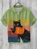 Moda de Verano Tallas Grandes Ropa Juvenil para Hombre Camisa de Manga Corta Cárdigan de Lino Solapa Gato Divertido Estampado de Pintura a Tinta