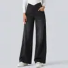 Calça jeans feminina de malha com elasticidade em quatro direções, estilo europeu e americano, cintura alta, perna larga, corte reto, solta, casual, best-seller transfronteiriço