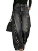 Jeans de Pierna Ancha Huecos con Agujero Redondo de Metal para Mujer Cintura Alta Lavados Personalidad Pantalones Largos Verano Comercio Exterior Stock Adelgazantes