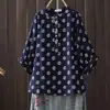 Camisa Estampada de Manga Corta Estilo Japonés con Cuello en V, Mangas Murciélago de Tres Cuartos para Mujer, Verano, Manga Amplia, Doble Capa de Gasa de Algodón, Venta al por Mayor