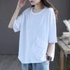 2024 Nueva Camiseta de Manga Corta de Algodón Puro para Viajero con Bolsillo, Color Sólido, Algodón Puro, Dobladillo Irregular, Holgada, Cuello Redondo, Top de Mujer