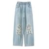 Jeans Rasgados para Meninas Verão 2025 Calças de Renda Novas para Crianças Calças de Pernas Retas e Largas para Meninas Grandes Primavera Verão