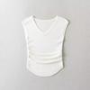 Chaleco de cuello en V estilo americano con cintura plisada para mujer, camiseta de verano de deseo puro, de manga corta, corta, tipo jersey, top casual