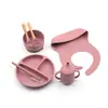 Juego de Vajilla de Silicona para Bebé, Tazón Suplementario, Cuchara, Tenedor, Taza, Babero, Plato Redondo Dividido, Juego de Seis Piezas, Paquete de Entrenamiento para Comida Complementaria