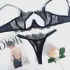 Conjunto de lencería hueco de encaje de pestañas de lujo, transparente, conjunto de dos piezas de sujetador y tanga, caliente y seductor, tentación sexy