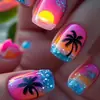 Unhas Vestíveis Prontas de Comprimento Médio Estilo Europeu e Americano com Glitter de Palmeira da Ilha e Folha de Ouro, Unhas Postiças Destacáveis Populares nas Redes Sociais