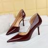 8236 Moda Europea y Americana Zapatos de Tacón Alto Elegantes y Sencillos para Mujer Tacones de Aguja Tacones Altos Boca Baja Punta Puntiaguda Corte Lateral Zapatos Planos de Charol para Mujer
