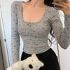Camiseta de Manga Larga para Mujer Estilo Coreano con Diseño Floral para Otoño Nuevo Estilo Ajustada Adelgazante Camiseta Interior Base Top con Cuello Cuadrado