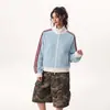 Chaqueta con cuello alto, prenda exterior deportiva de bloques de color, estilo casual unisex a rayas de corte holgado, adecuada para primavera y otoño, atuendo casual americano para pareja