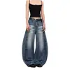 Jeans Americanos de Calle Lavados con Bigotes de Cimitarra para Hombre Verano Nuevos Holgados Rectos de Pierna Ancha Hasta el Suelo Pantalones de Guadaña