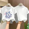 Camiseta de manga larga a rayas y retazos de algodón puro para niña, adecuada para primavera y otoño, un top casual y versátil para niños, con cuello redondo estilo coreano