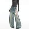 Jeans Americano Retrô Azul Lavado de Perna Larga Tecido Xadrez Lateral Pingente Cintura Baixa Sensação Preguiçosa e Fluida Unissex
