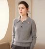 Suéter de Cashmere Puro da Montanha com Gola Polo de Ouriço Bordado Outono e Inverno Feminino Solto Moda Suéter Pulôver de Manga Longa Suéter Tricotado