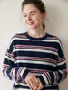 Tricô de Caxemira Colorido com Listras e Gola Redonda Novo para Outono e Inverno para Mulheres, Tricô Fashionável e Casual para Camadas Internas, Tricô Soltinho Estilo Coreano