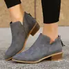 Botines de Invierno para Mujer de Gran Tamaño Estilo Británico Color Sólido Punta Fina Cremallera Trasera Baja Chunky para Mujer