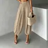 Pantalones tipo linterna de algodón y lino ligeros de verano con puño para mujer, de cintura alta, cintura elástica, corte holgado, fluidos, de longitud tres cuartos, pantalones harén casuales para mujer