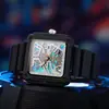 Modelo novo transfronteiriço, estiloso e chamativo, mostrador grande, colorido, refletivo, relógio quadrado de silicone, relógio de pulso masculino com calendário, relógio de quartzo