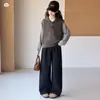 Conjunto de dos piezas de suéter para niñas, colección otoño 2026, top de punto patchwork a rayas y jeans para niños mayores