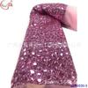 Estilo de vestido de noite europeu e americano, malha de renda com lantejoulas laminadas prensadas a quente, tecido de saia feminina para vestido de alta qualidade