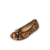 Zapatos Planos de Crin de Caballo Estampado de Leopardo Corte Bajo Zapatos Individuales Otoño Invierno Nuevos Zapatos Planos de Cuero Genuino con Lazo Punta Redonda Zapatos Individuales de Caña Baja para Mujer