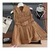 Vestido de Mezclilla sin Mangas para Niña Verano Nuevo Estilo Coreano Chaleco con Solapa para Niños Ceñidor de Cintura Vestido de Bebé con Cinturón