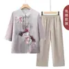 Trajes de Verano para Mujeres de Mediana Edad y Mayores y Abuelas, Camisas Nuevas de Estilo Chino, Camisas de Gasa para Mujer, Conjuntos de Dos Piezas para Madres de Manga Media