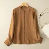 Camisa larga de manga larga de algodón y lino estilo vintage de corte holgado para mujer, nuevo modelo primavera-verano 2024, cuello redondo, chaqueta camisa de longitud media para mujer