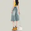 Shorts jeans retro azul de comprimento três quartos com pernas largas bordados para mulheres, calça de comprimento médio reta solta de cintura alta nova e moderna para figuras em formato de pera