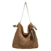 Bolsa de Palha Trançada, Bolsa de Ombro Casual Relaxada, Bolsa de Praia de Grande Capacidade para Férias na Beira-Mar, Bolsa Fashionável Personalizada Tecida à Mão