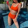 Nuevo Bikini de Cintura Alta Dividido Color Brillante Correa que Cubre el Vientre Espalda Descubierta Fruncido de Moda Sexy Personalizado Traje de Baño para Mujeres