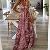 Vestido Europeu e Americano 2023 Novo Vestido Longo de Alça Estilo Boêmio Cintura Alta Decote V Estampado Floral para Mulheres