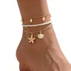 Tobillera con Colgante de Estrella de Mar Transfronteriza Europea y Americana, Conjunto de Tobilleras Apiladas de Perlas de Tres Capas para Mujer, Tobillera con Colgante de Estrella de Mar y Concha
