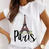 Nuevo Producto 2024 Patrón Impreso Torre Eiffel de París Camiseta Casual de Cuello Redondo para Mujer Personalizada Linda y Sencilla