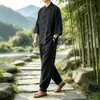 Conjunto de Camisa y Pantalones de Algodón y Lino para Hombre Estilo Chino Nuevo Verano 2026, Traje Tang con Cuello de Botones, Conjunto Casual de Dos Piezas