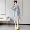 Moda Gestante, Vestido Xadrez de Manga Curta com Decote em V para o Verão, Blusa de Maternidade Soltinha Plus Size Emagrecedora para Mães Modernas